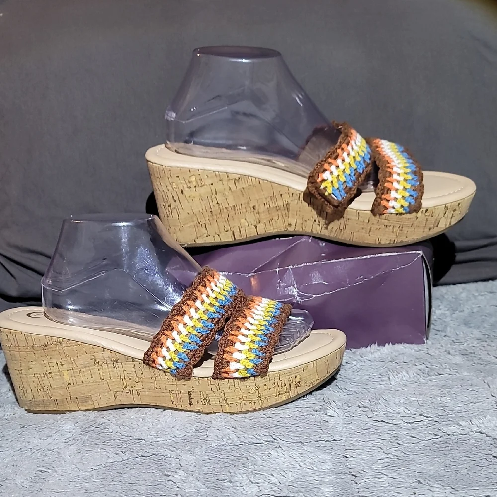 Comfort EST.1946 Crochet Cork Wedge Teal/Brown/Orange/White Cushion Sole Size 11
